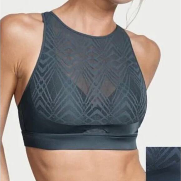 Victoria's Secret ON POINT Blue Mesh Lace High Neck Sports Bra 34B Molded Cups - Picture 1 of 15